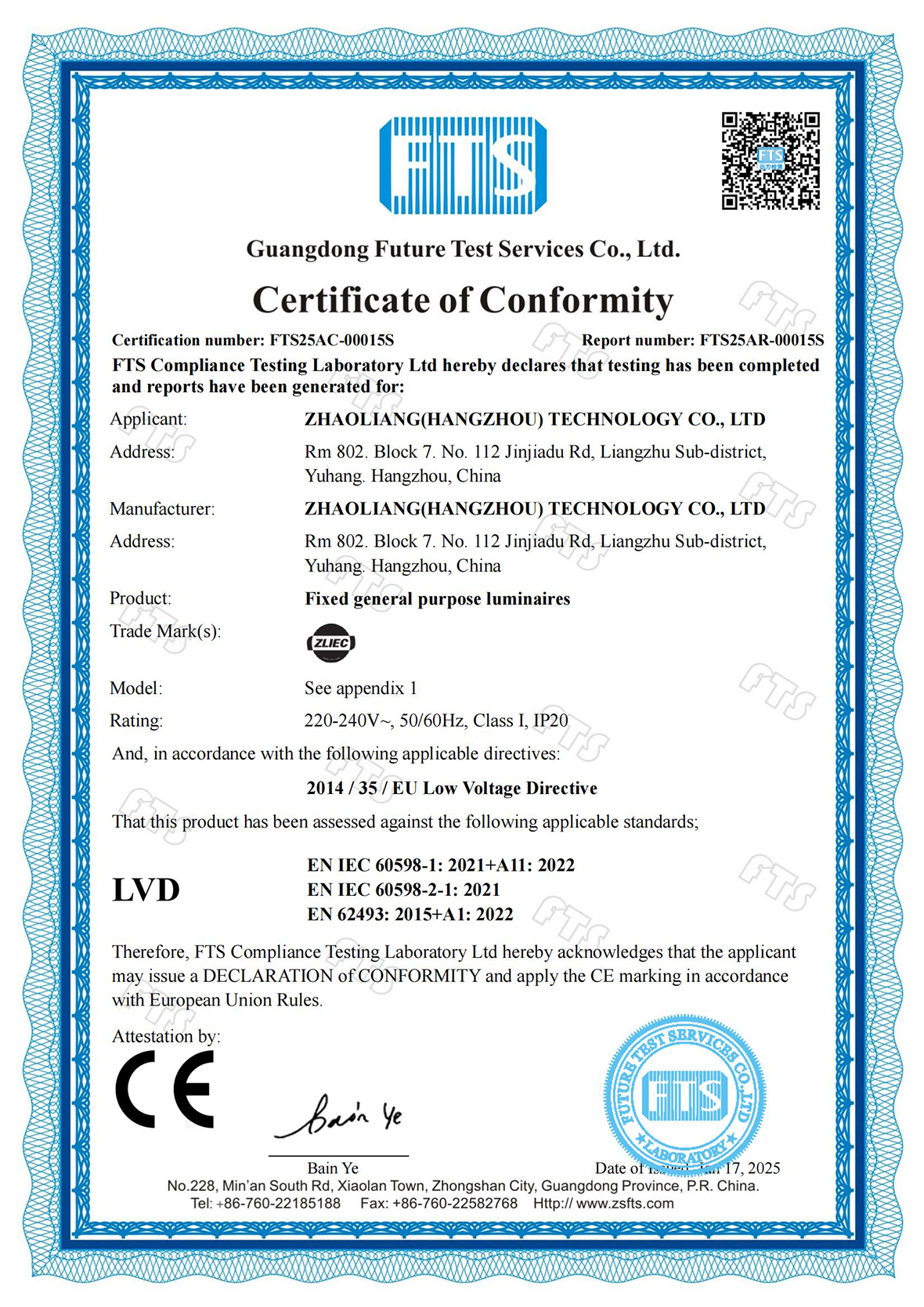 Cert-FTS25AC-00015S CE-LVD