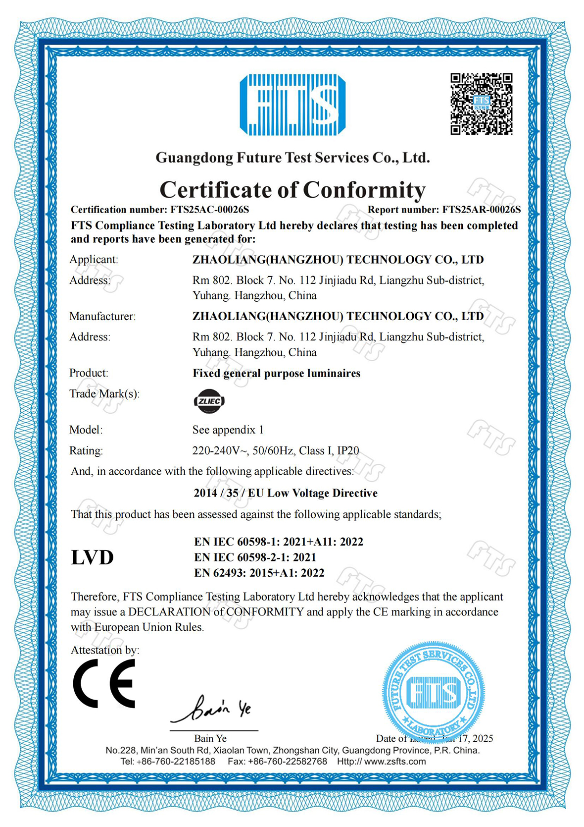 Cert-FTS25AC-00026S CE-LVD